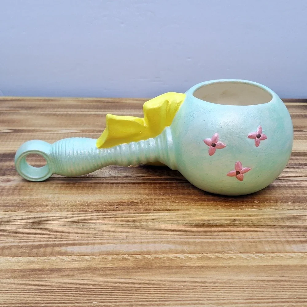 Vintage Baby Rattle Pottery Planter Signed Blue Yellow Pink CB‎